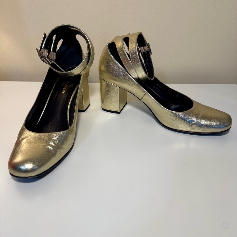 Saint Laurent Gold Block Heel Shoes - Picture 6 of 16